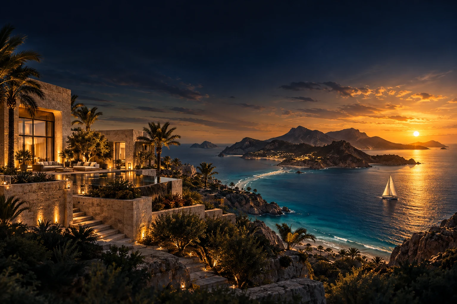 Fictional coastal travel scene at sunset